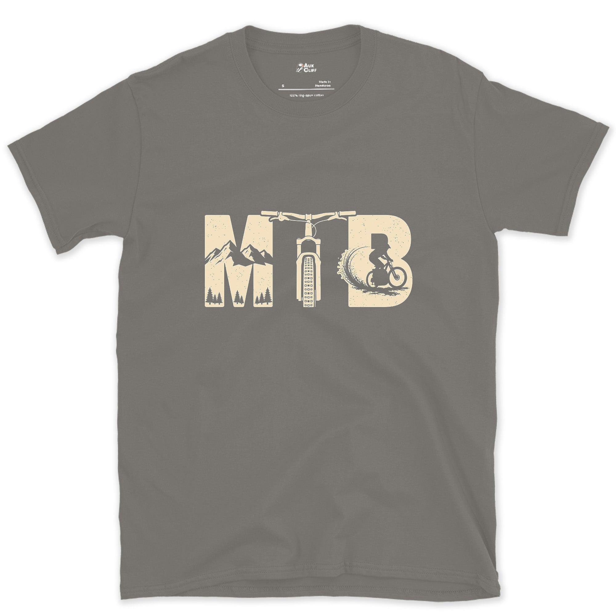 Each Letter Filled With Its Own Slice of Trail design on a Charcoal Gildan Softstyle t-shirt