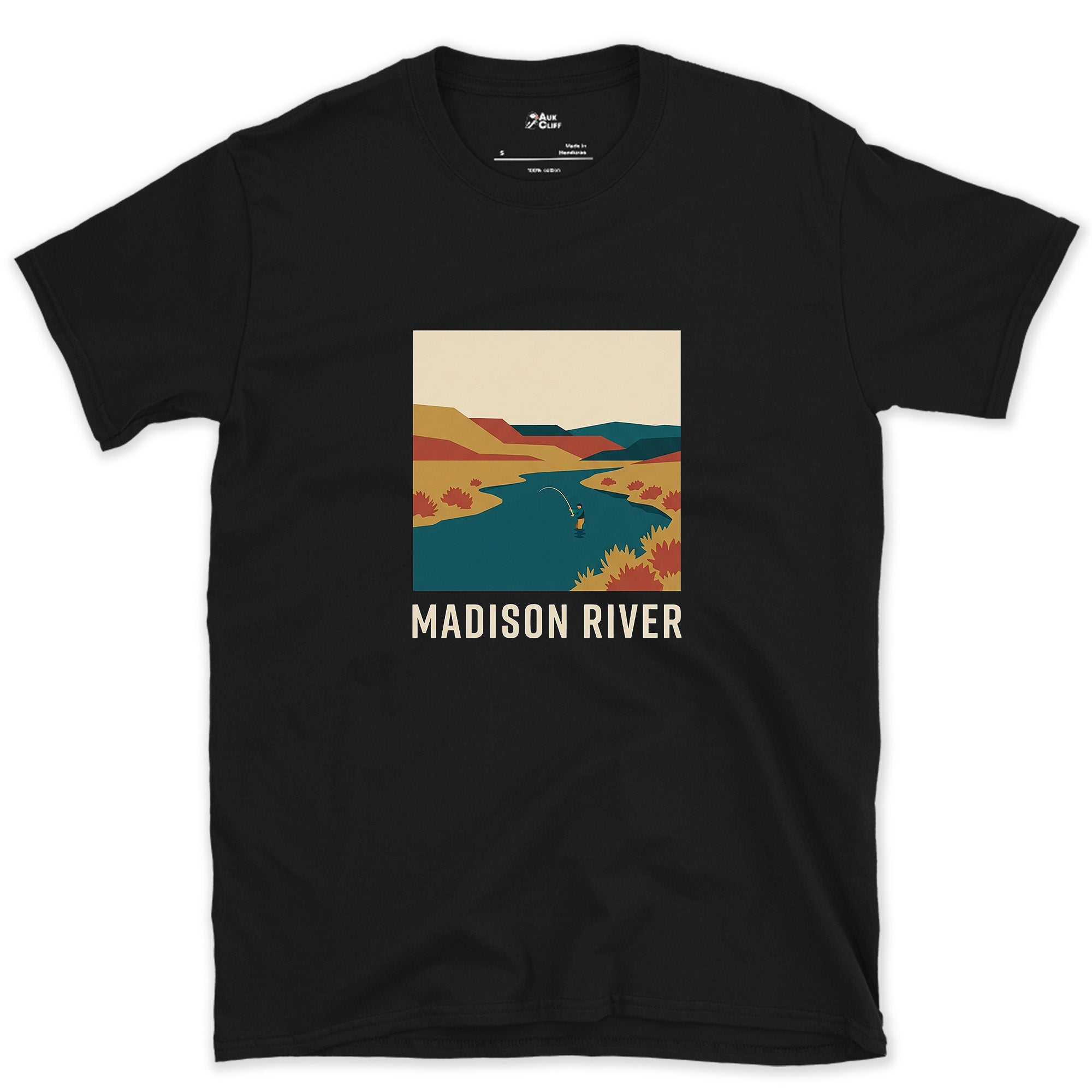 Working the Bend, Madison River design on a Black Gildan Softstyle t-shirt