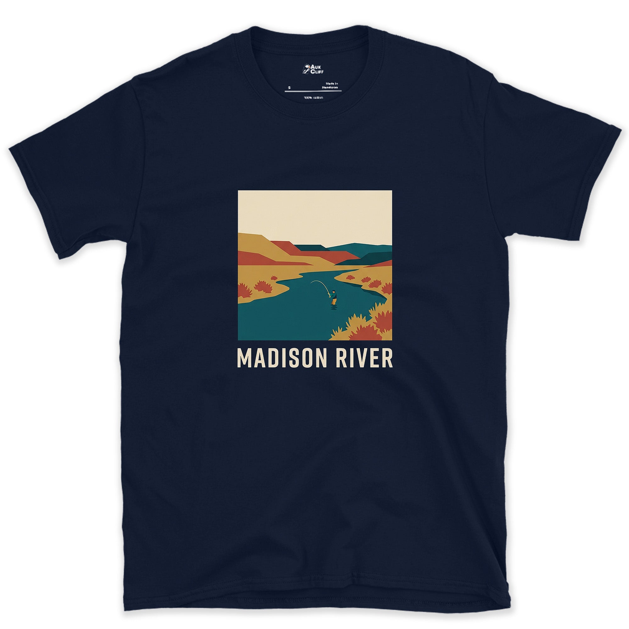 Working the Bend, Madison River design on a Navy Gildan Softstyle t-shirt