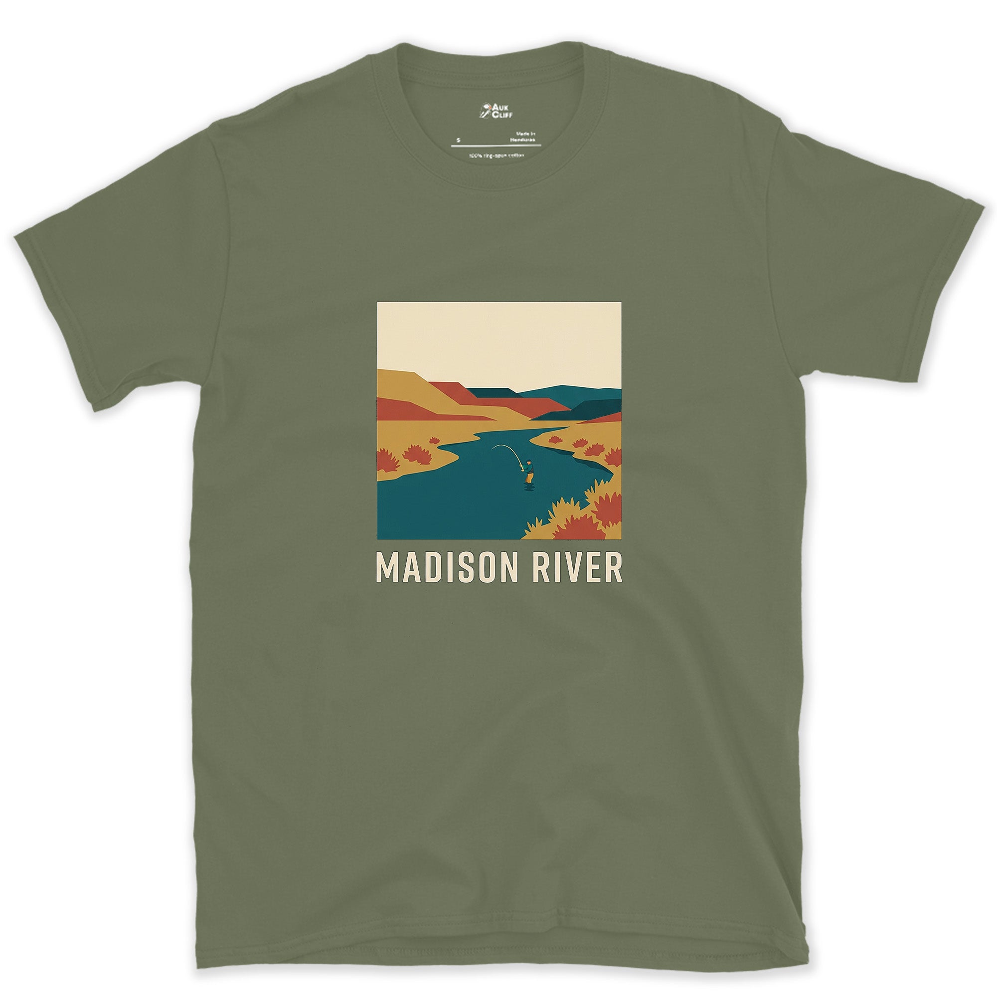 Working the Bend, Madison River design on a Military Green Gildan Softstyle t-shirt