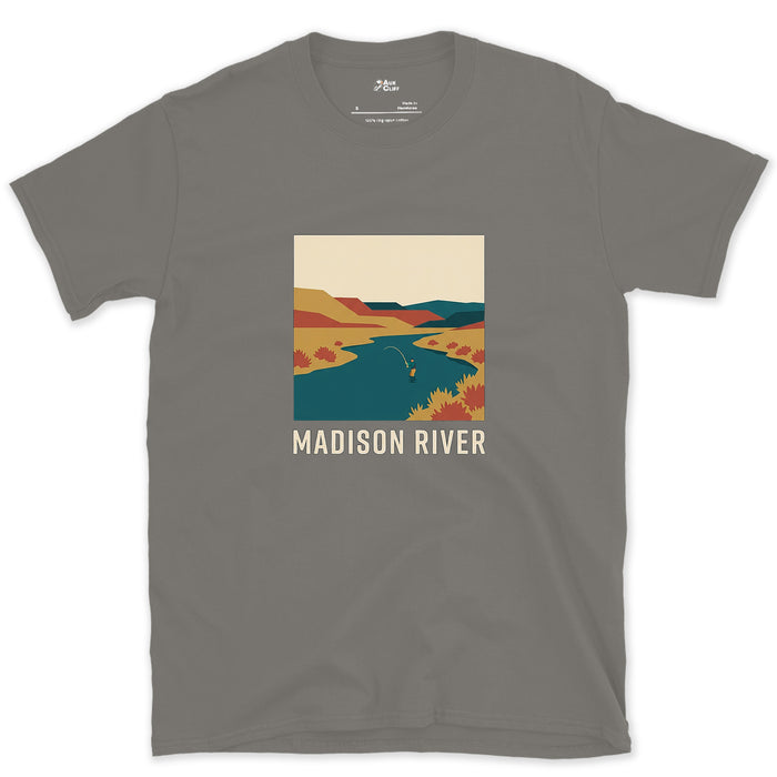 Working the Bend, Madison River design on a Charcoal Gildan Softstyle t-shirt