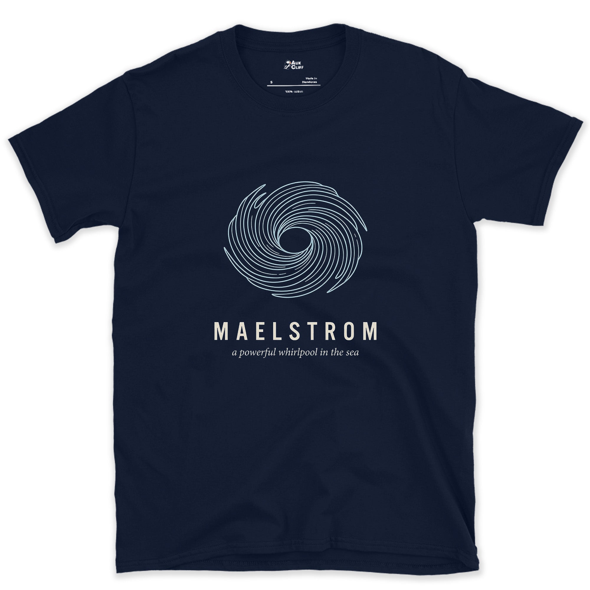Maelstrom, a Powerful Whirlpool in the Sea design on a Navy Gildan Softstyle t-shirt