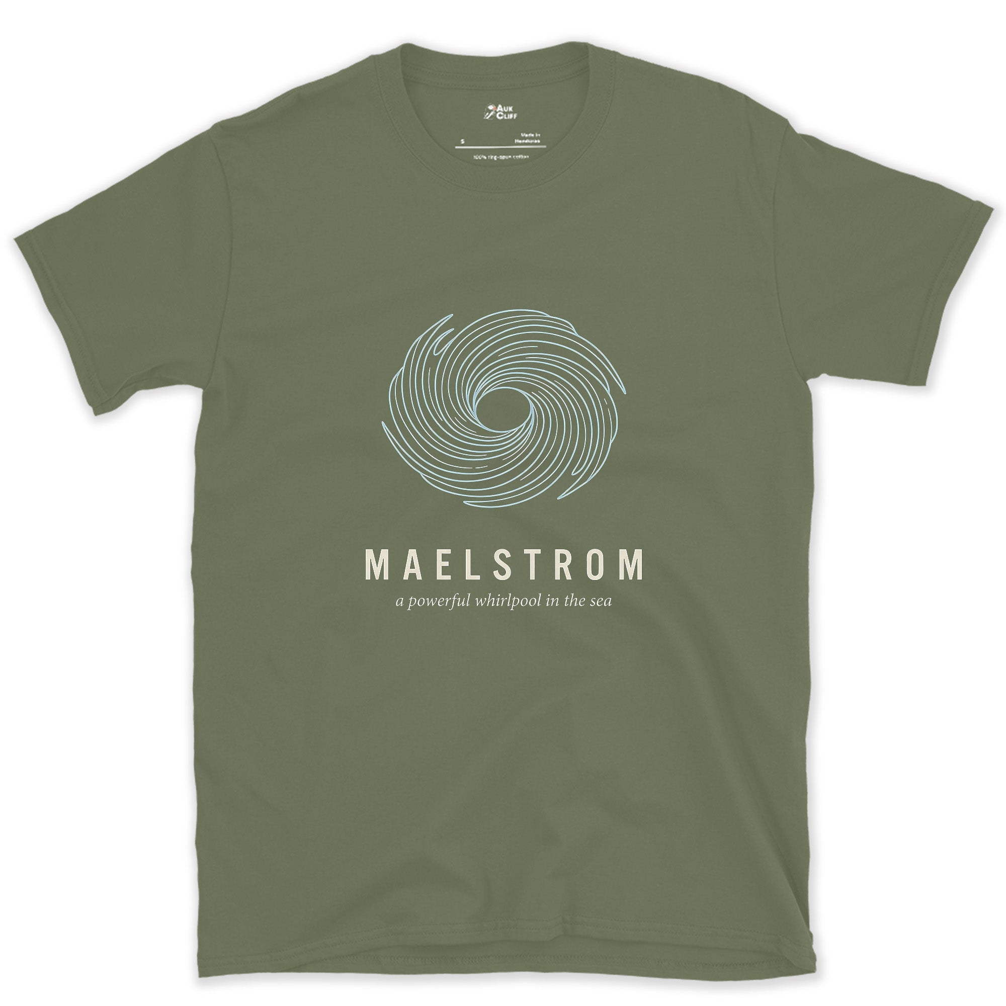 Maelstrom, a Powerful Whirlpool in the Sea design on a Military Green Gildan Softstyle t-shirt