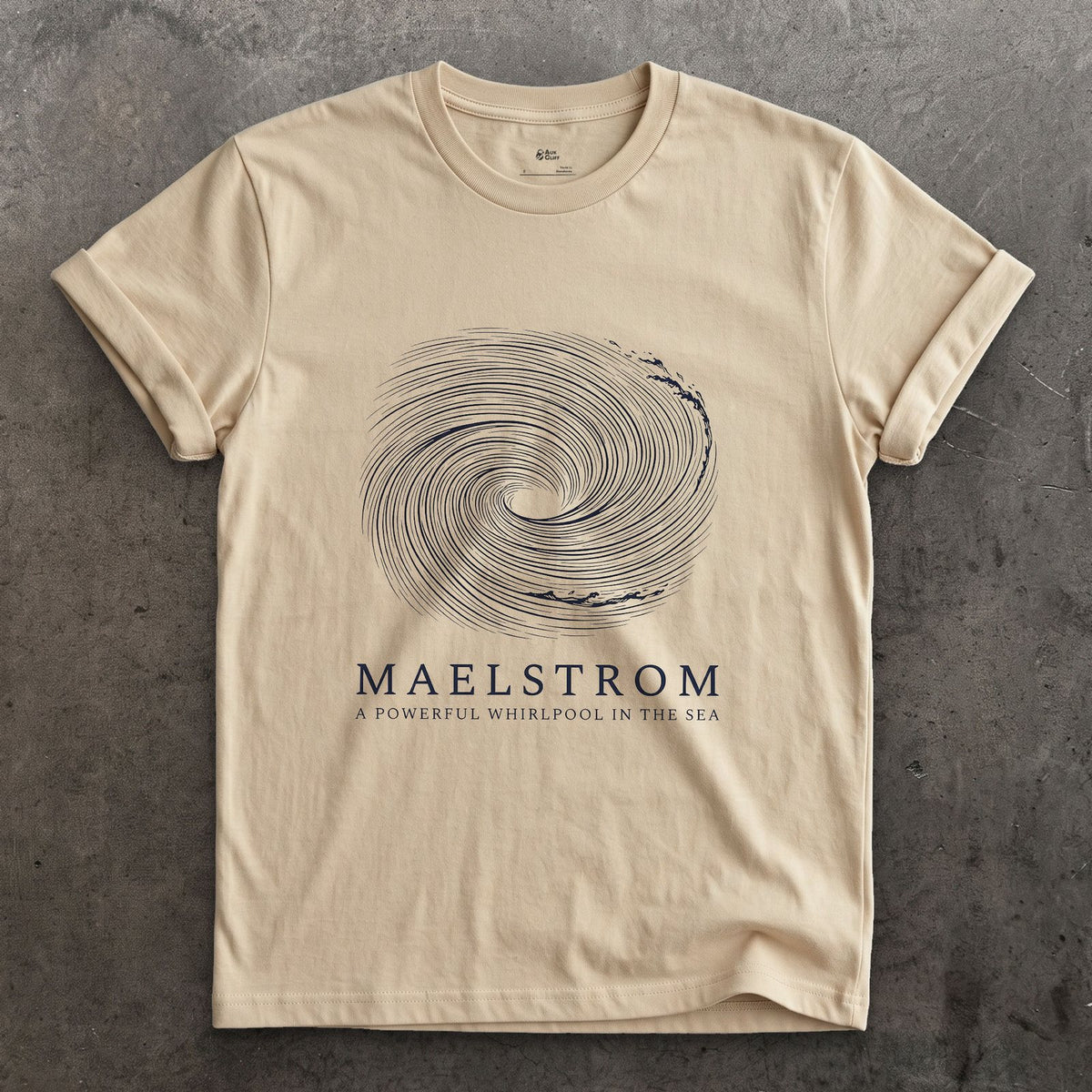 Maelstrom, a Powerful Whirlpool in the Sea design on a Sand Gildan Softstyle t-shirt