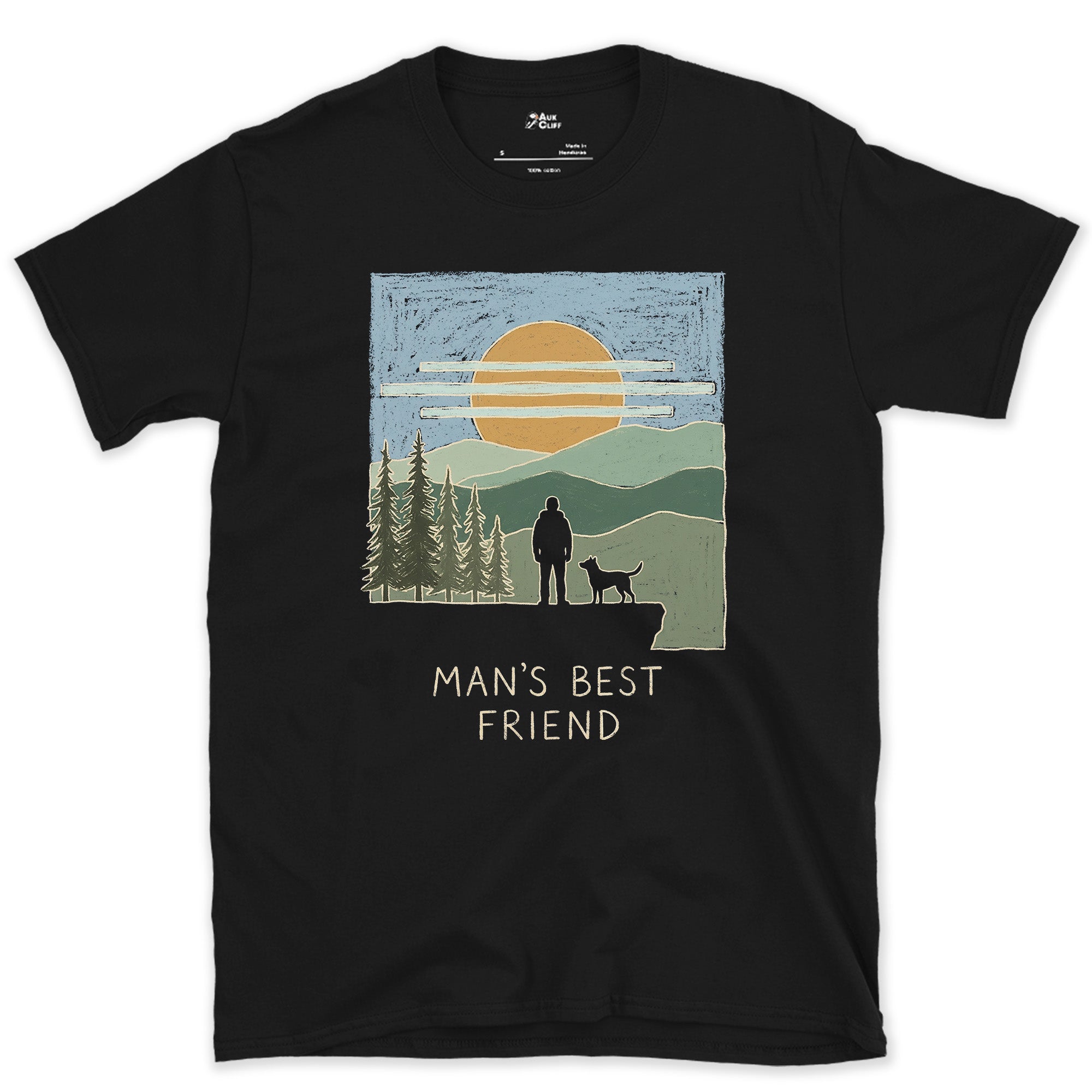 Man's Best Friend, Cliff at Sunrise design on a Black Gildan Softstyle t-shirt
