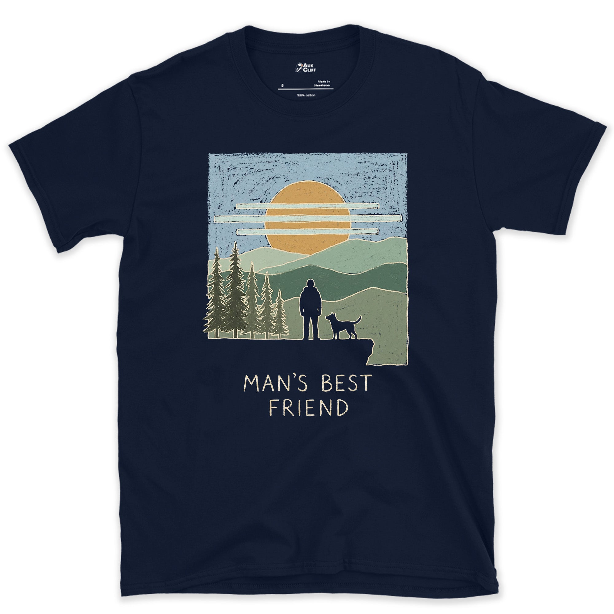 Man's Best Friend, Cliff at Sunrise design on a Navy Gildan Softstyle t-shirt