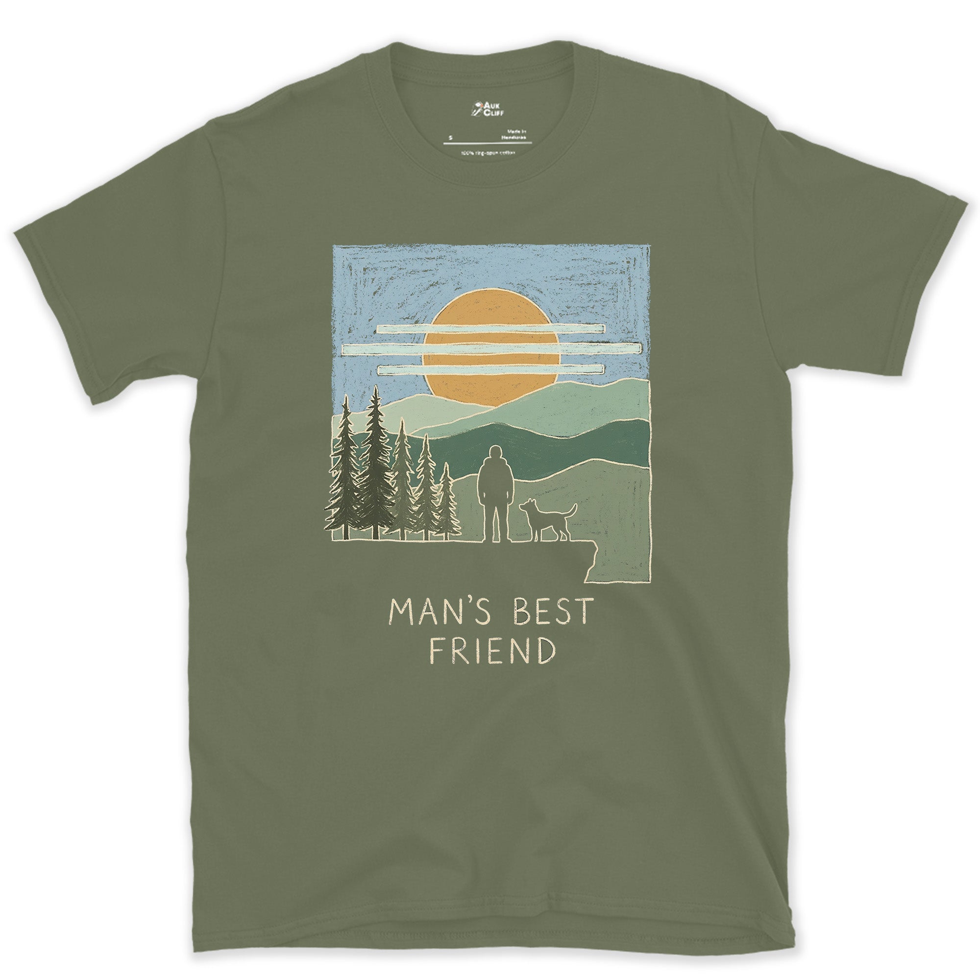 Man's Best Friend, Cliff at Sunrise design on a Military Green Gildan Softstyle t-shirt