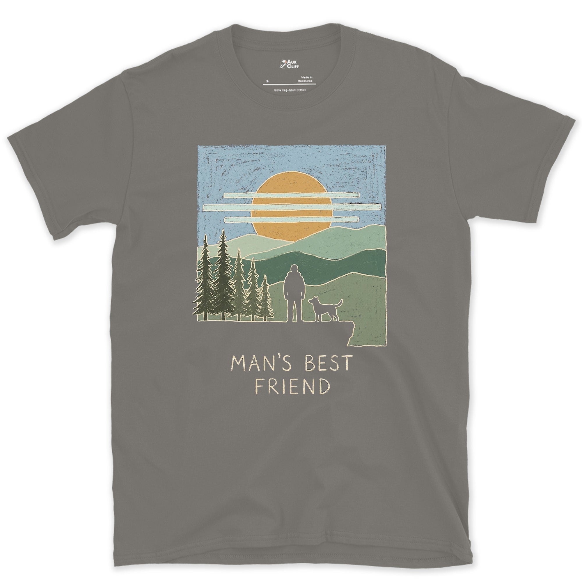 Man's Best Friend, Cliff at Sunrise design on a Charcoal Gildan Softstyle t-shirt