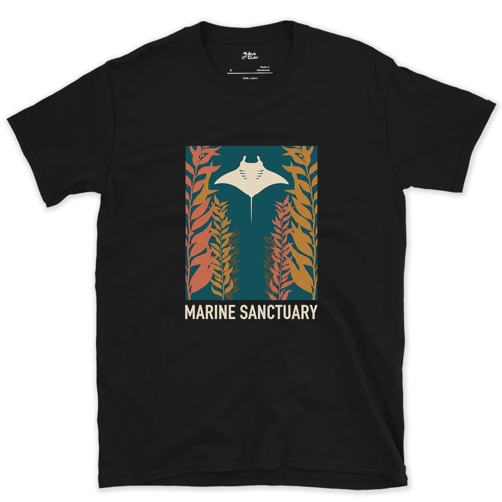 Manta Ray Gliding Through a Kelp Forest design on a Black Gildan Softstyle t-shirt