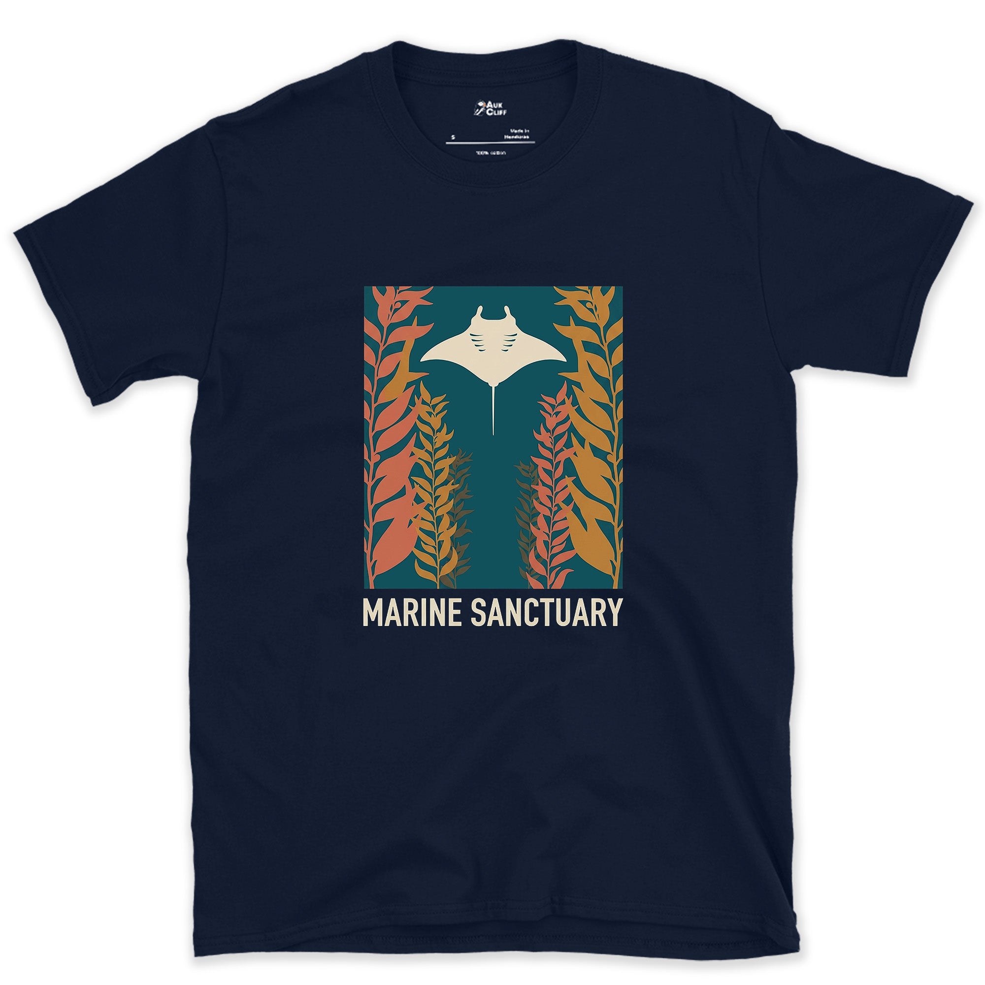 Manta Ray Gliding Through a Kelp Forest design on a Navy Gildan Softstyle t-shirt
