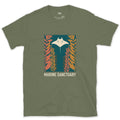 Manta Ray Gliding Through a Kelp Forest design on a Military Green Gildan Softstyle t-shirt