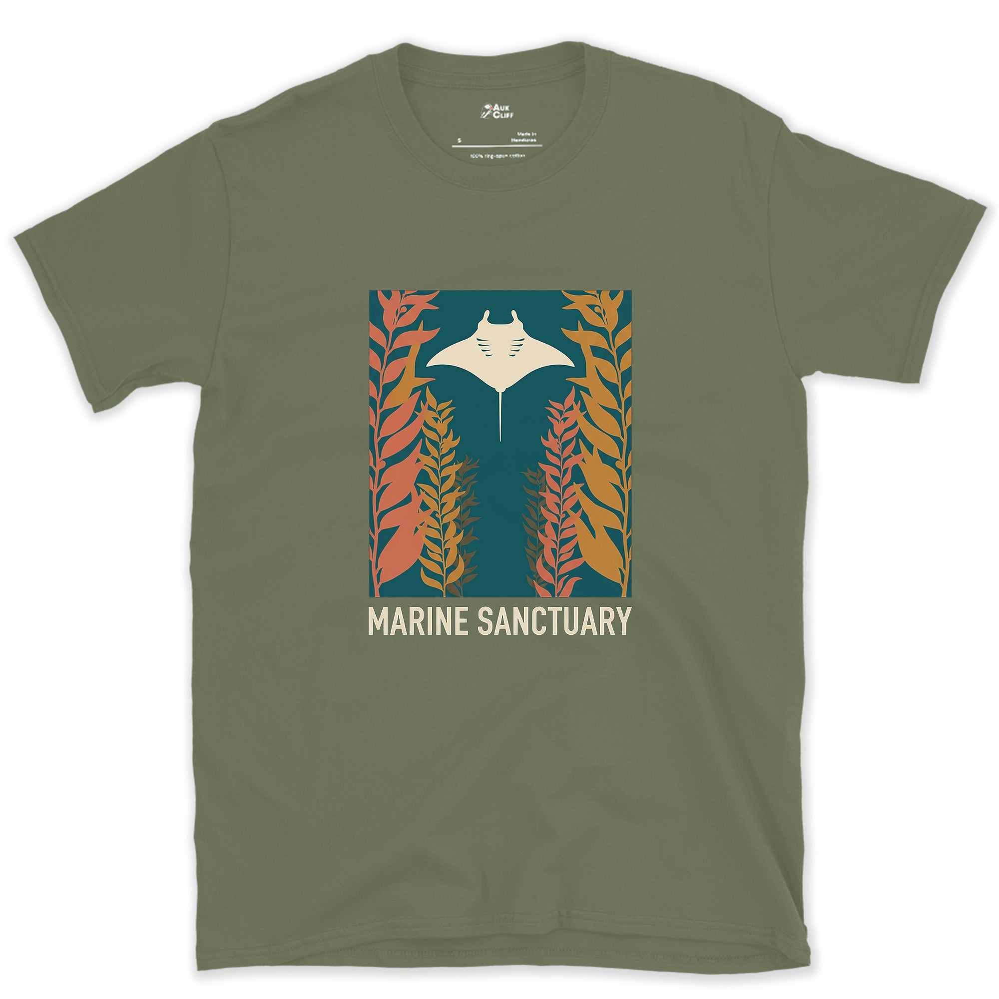 Manta Ray Gliding Through a Kelp Forest design on a Military Green Gildan Softstyle t-shirt