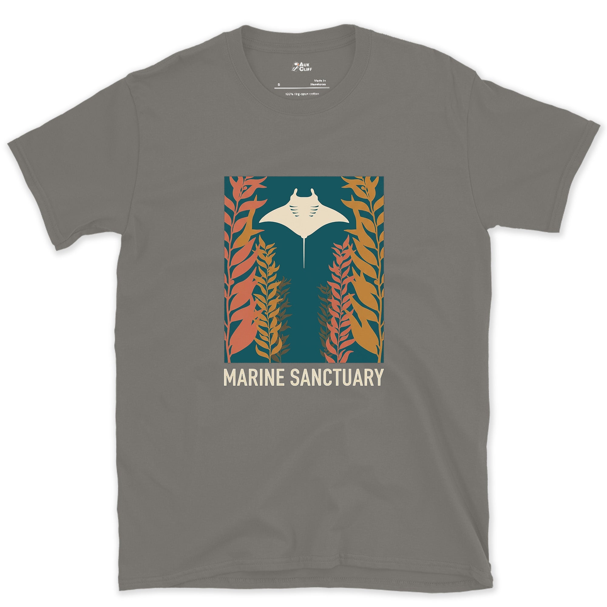 Manta Ray Gliding Through a Kelp Forest design on a Charcoal Gildan Softstyle t-shirt