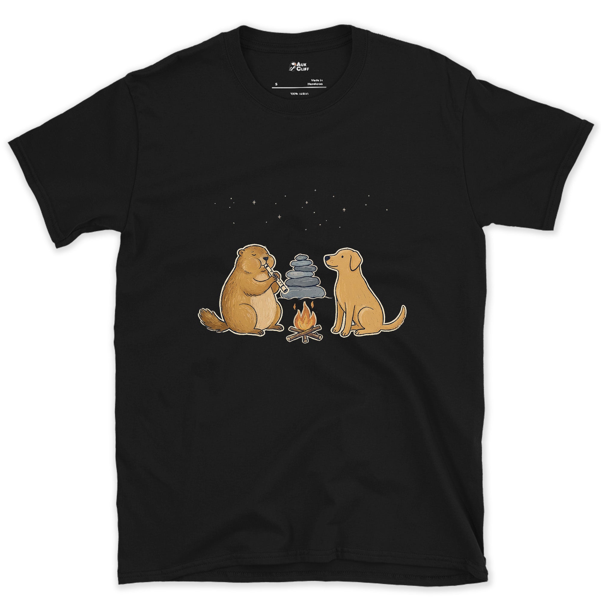 Whistle Pig by the Cairn, Marmot design on a Black Gildan Softstyle t-shirt