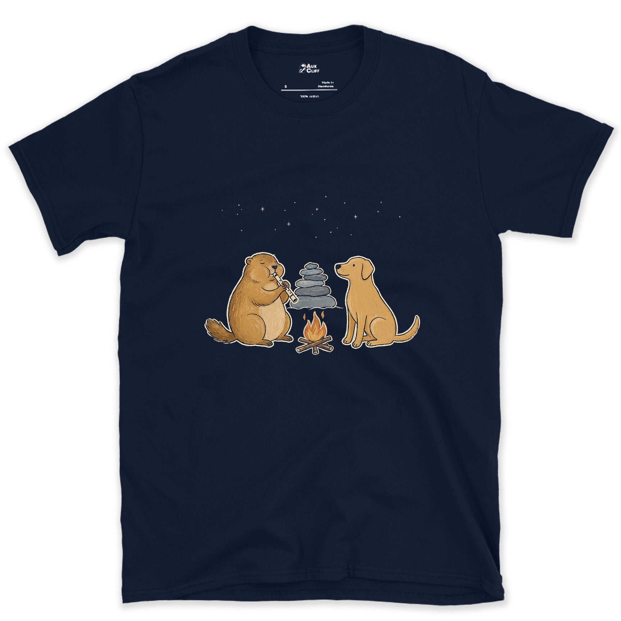 Whistle Pig by the Cairn, Marmot design on a Navy Gildan Softstyle t-shirt