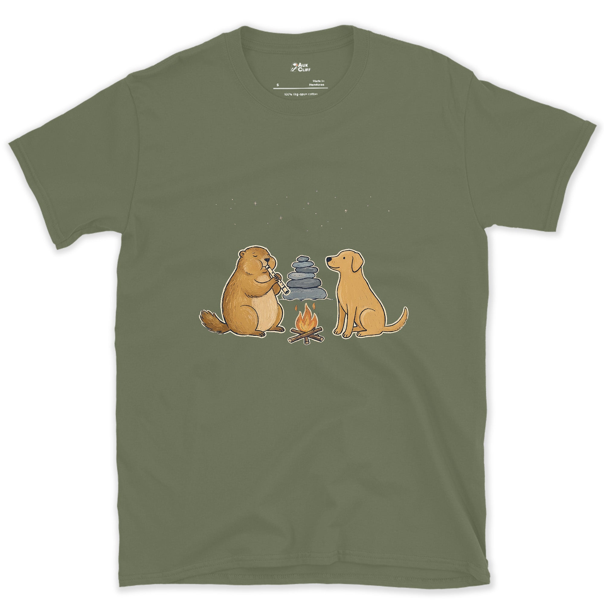 Whistle Pig by the Cairn, Marmot design on a Military Green Gildan Softstyle t-shirt