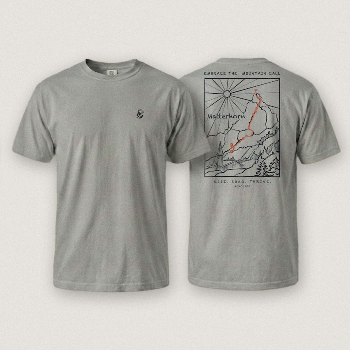 AukCliff Matterhorn tee in Grey, ridgeline line art across the back