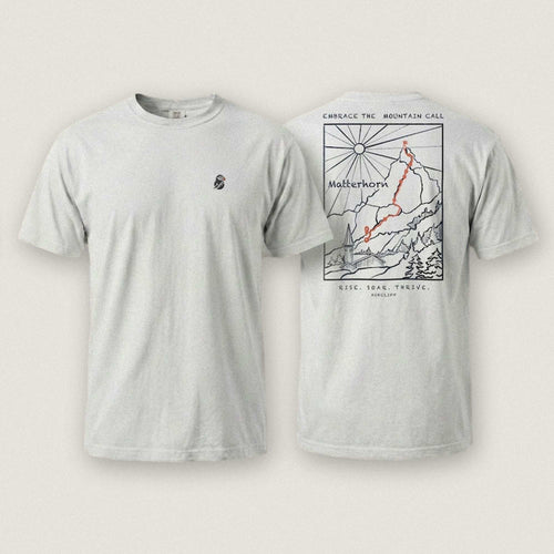 AukCliff Matterhorn tee in White, ridgeline line art across the back