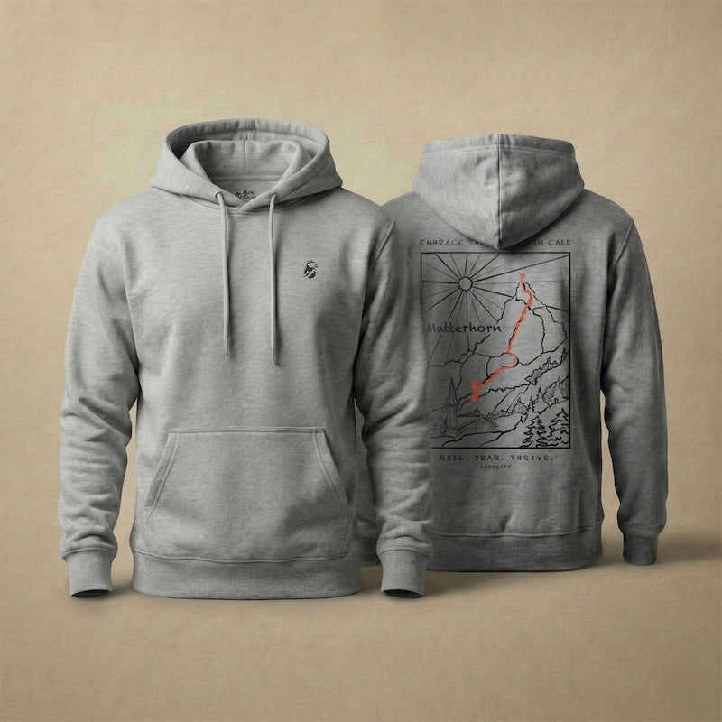 AukCliff Matterhorn hoodie in Carbon Grey, hand-drawn ridgeline line art across the back