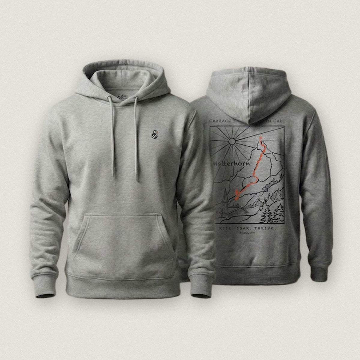 AukCliff Matterhorn hoodie in Carbon Grey, ridgeline line art across the back
