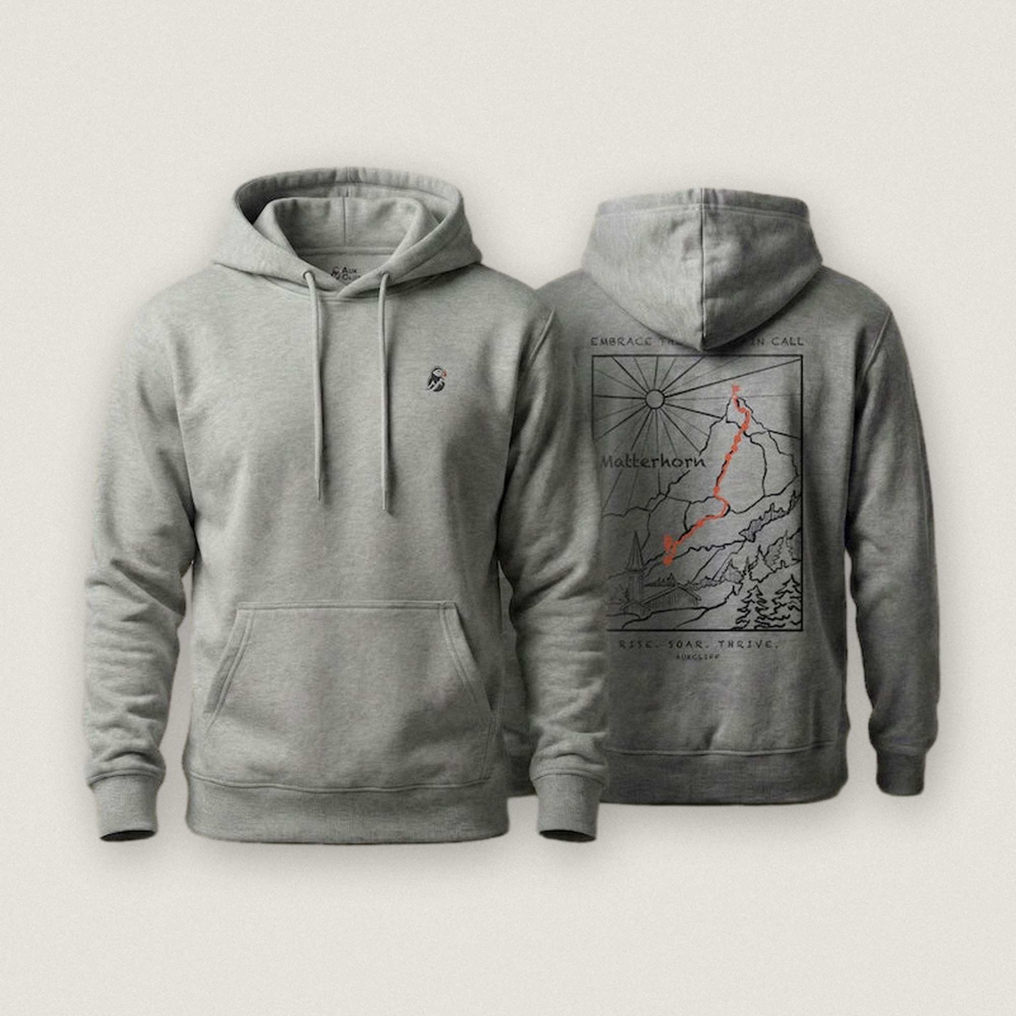 AukCliff Matterhorn hoodie in Carbon Grey, hand-drawn ridgeline line art across the back