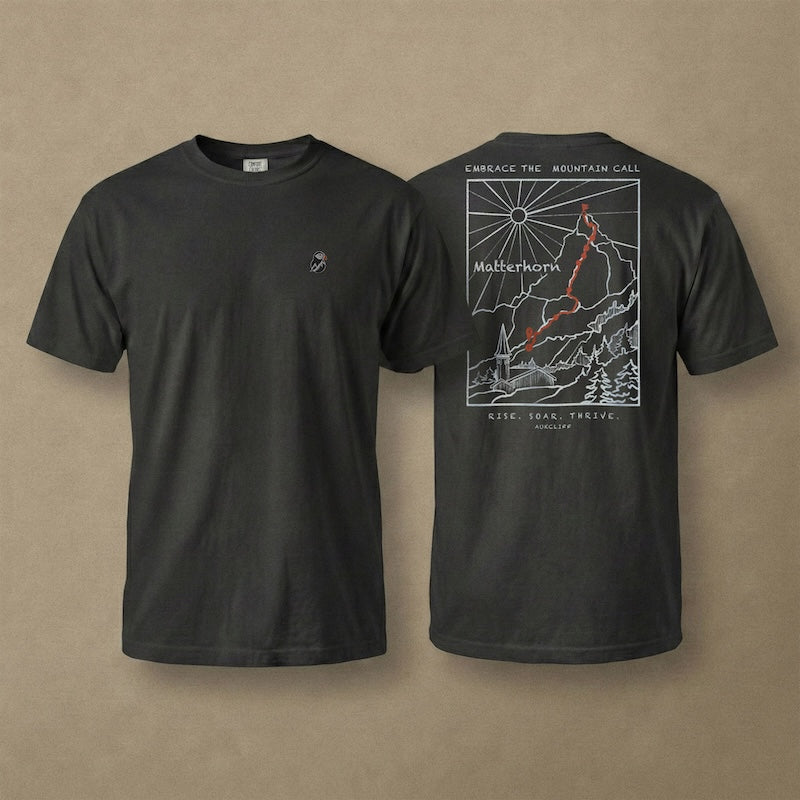AukCliff Matterhorn tee in Black, hand-drawn ridgeline line art across the back