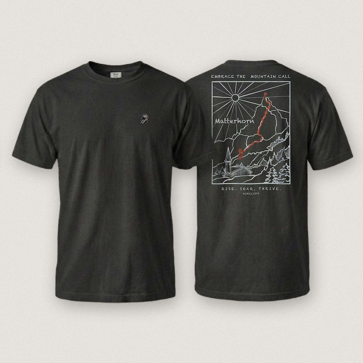 AukCliff Matterhorn tee in Black, ridgeline line art across the back
