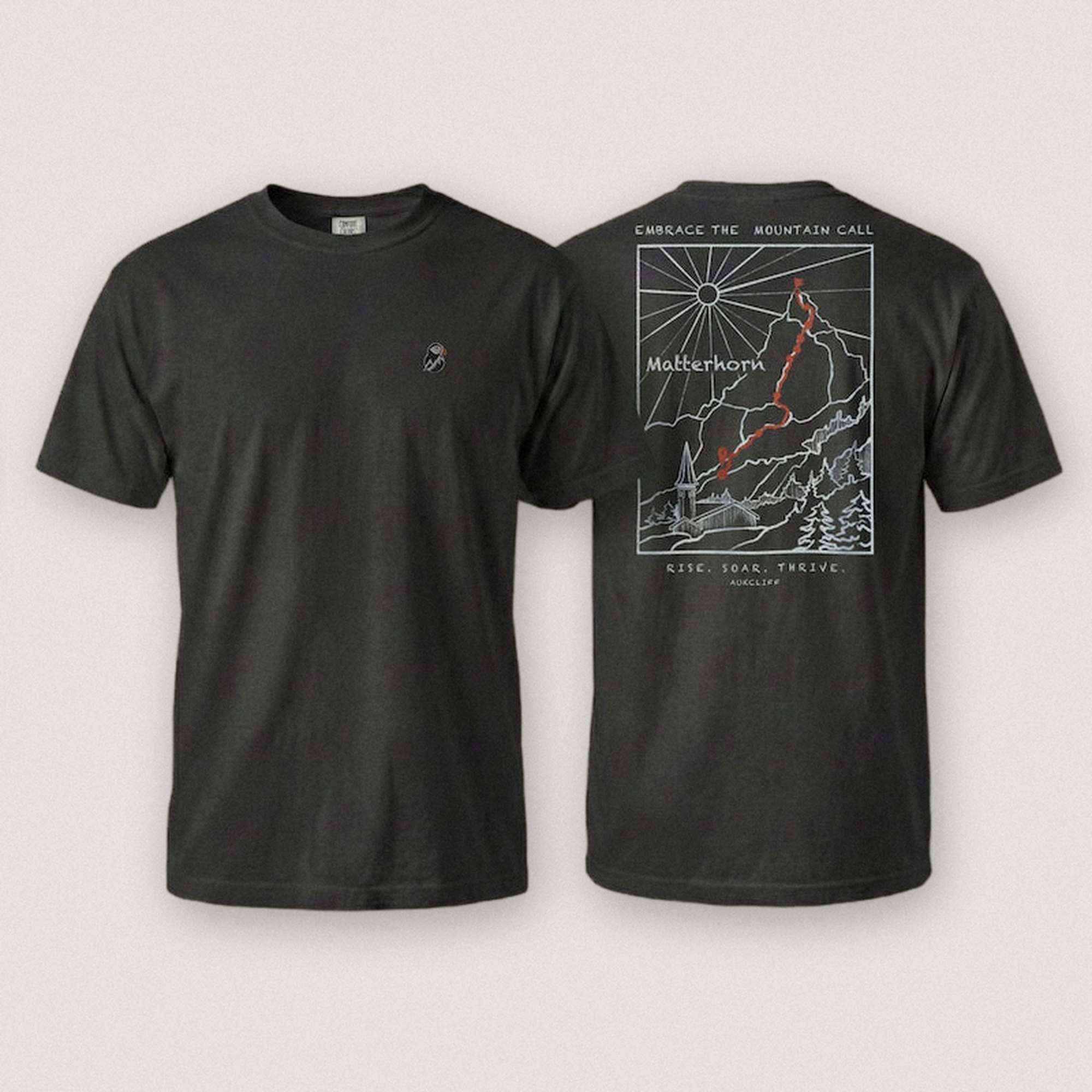 AukCliff Matterhorn tee in Black, hand-drawn ridgeline line art across the back