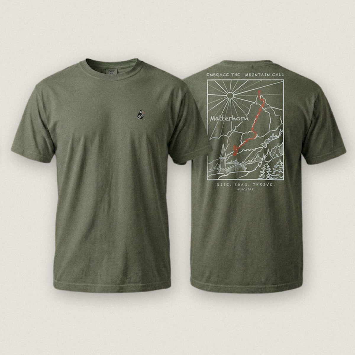 AukCliff Matterhorn tee in Blue Jean, ridgeline line art across the back