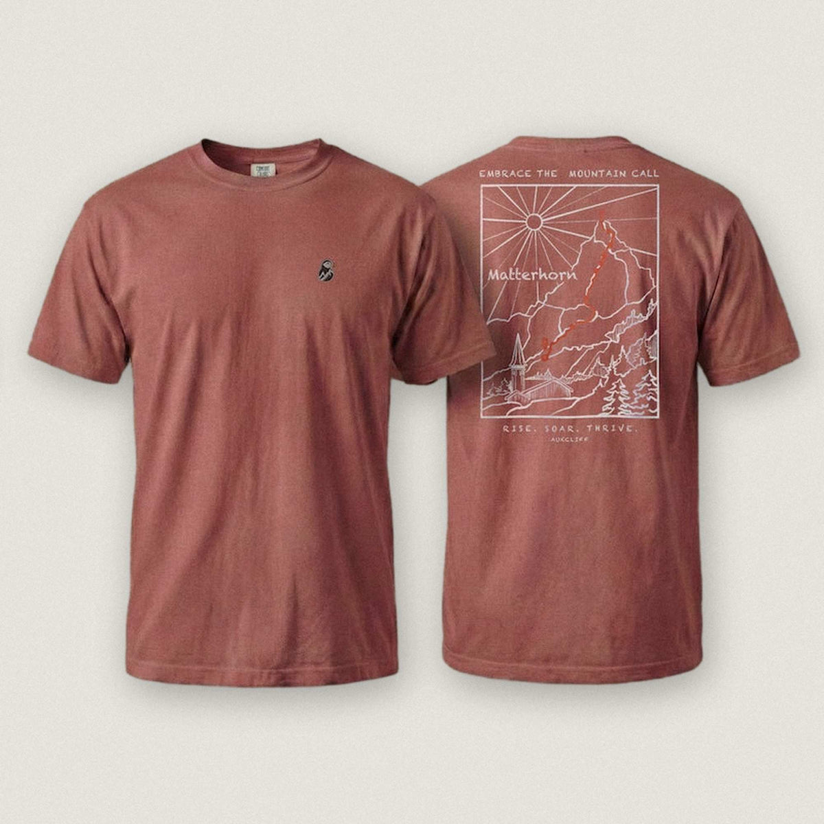 AukCliff Matterhorn tee in Brick, ridgeline line art across the back