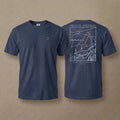 AukCliff Matterhorn tee in True Navy, hand-drawn ridgeline line art across the back