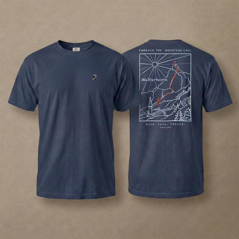 AukCliff Matterhorn tee in True Navy, hand-drawn ridgeline line art across the back