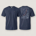 AukCliff Matterhorn tee in True Navy, hand-drawn ridgeline line art across the back