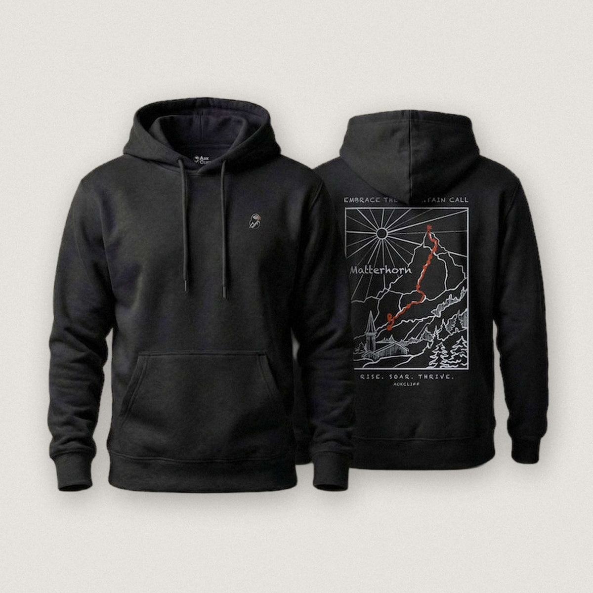AukCliff Matterhorn hoodie in Black, ridgeline line art across the back