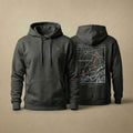 AukCliff Matterhorn hoodie in Charcoal Heather, hand-drawn ridgeline line art across the back