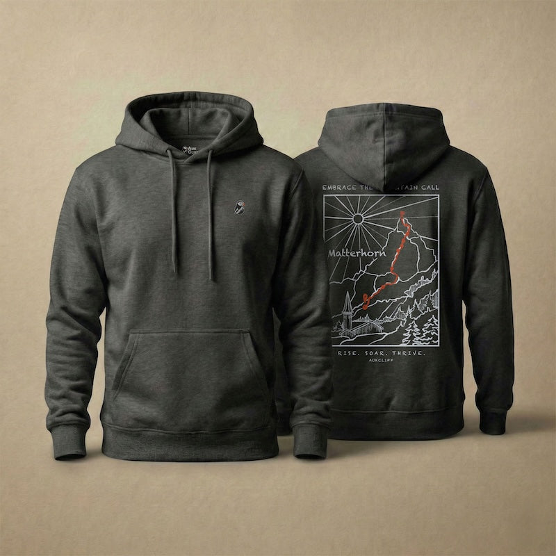 AukCliff Matterhorn hoodie in Charcoal Heather, hand-drawn ridgeline line art across the back