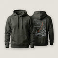 AukCliff Matterhorn hoodie in Charcoal Heather, hand-drawn ridgeline line art across the back