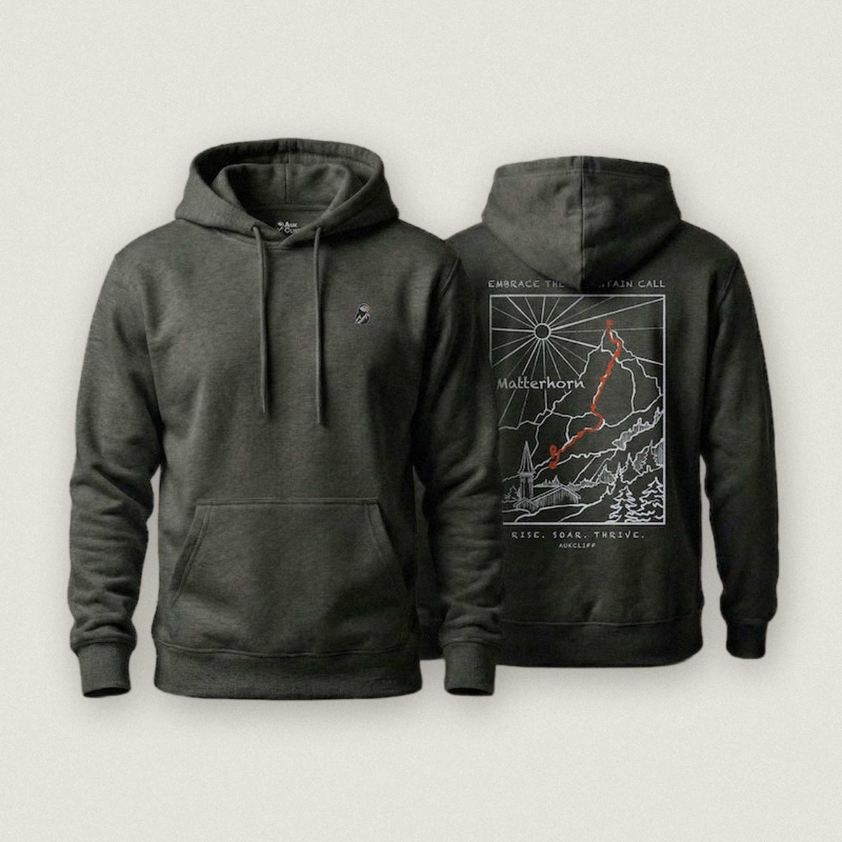 AukCliff Matterhorn hoodie in Charcoal Heather, ridgeline line art across the back