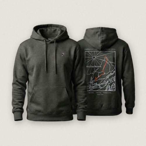 AukCliff Matterhorn hoodie in Charcoal Heather, ridgeline line art across the back