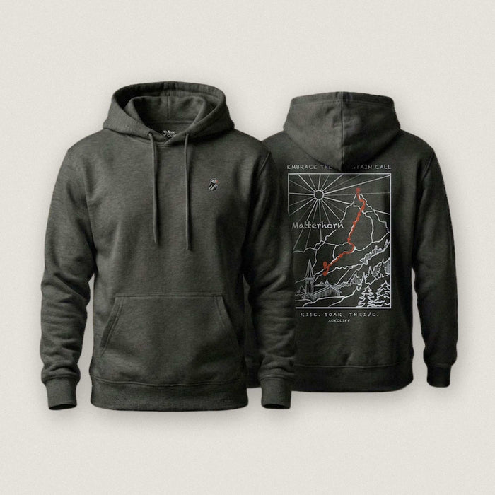 AukCliff Matterhorn hoodie in Charcoal Heather, ridgeline line art across the back