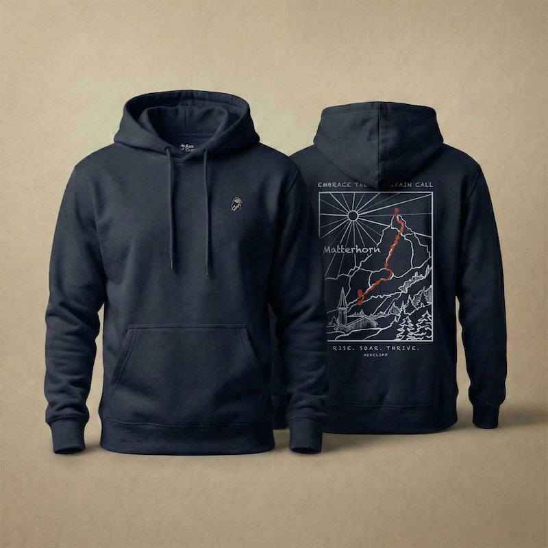 AukCliff Matterhorn hoodie in Navy, hand-drawn ridgeline line art across the back