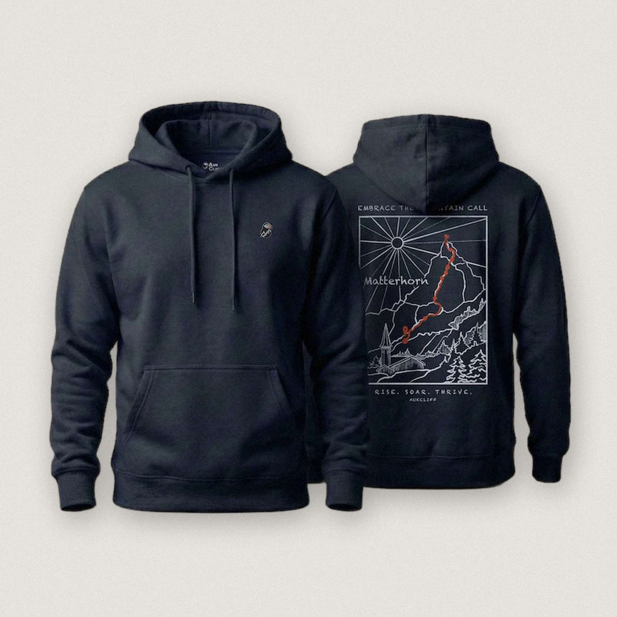 AukCliff Matterhorn hoodie in Navy, ridgeline line art across the back
