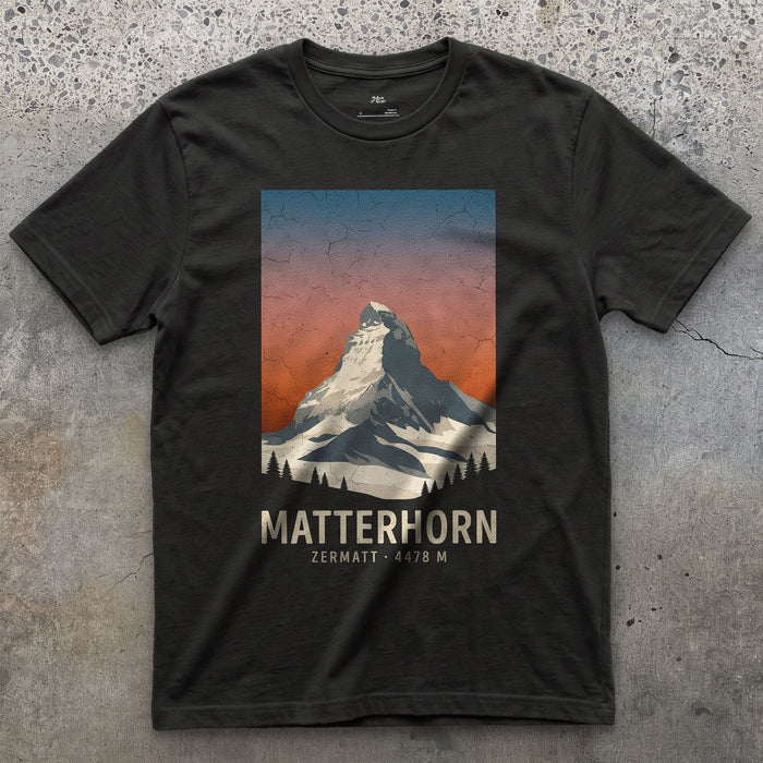 Matterhorn Rises 4478 Metres Above Zermatt design on a Black Gildan Softstyle t-shirt