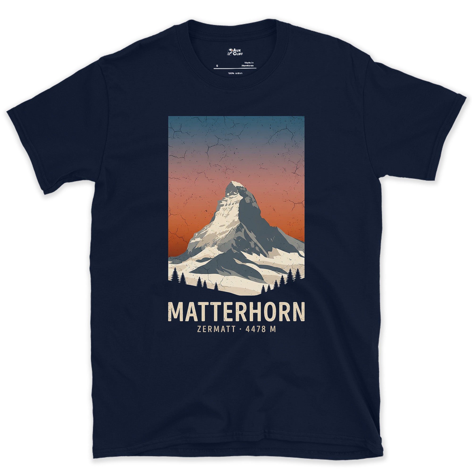 Matterhorn Rises 4478 Metres Above Zermatt design on a Navy Gildan Softstyle t-shirt
