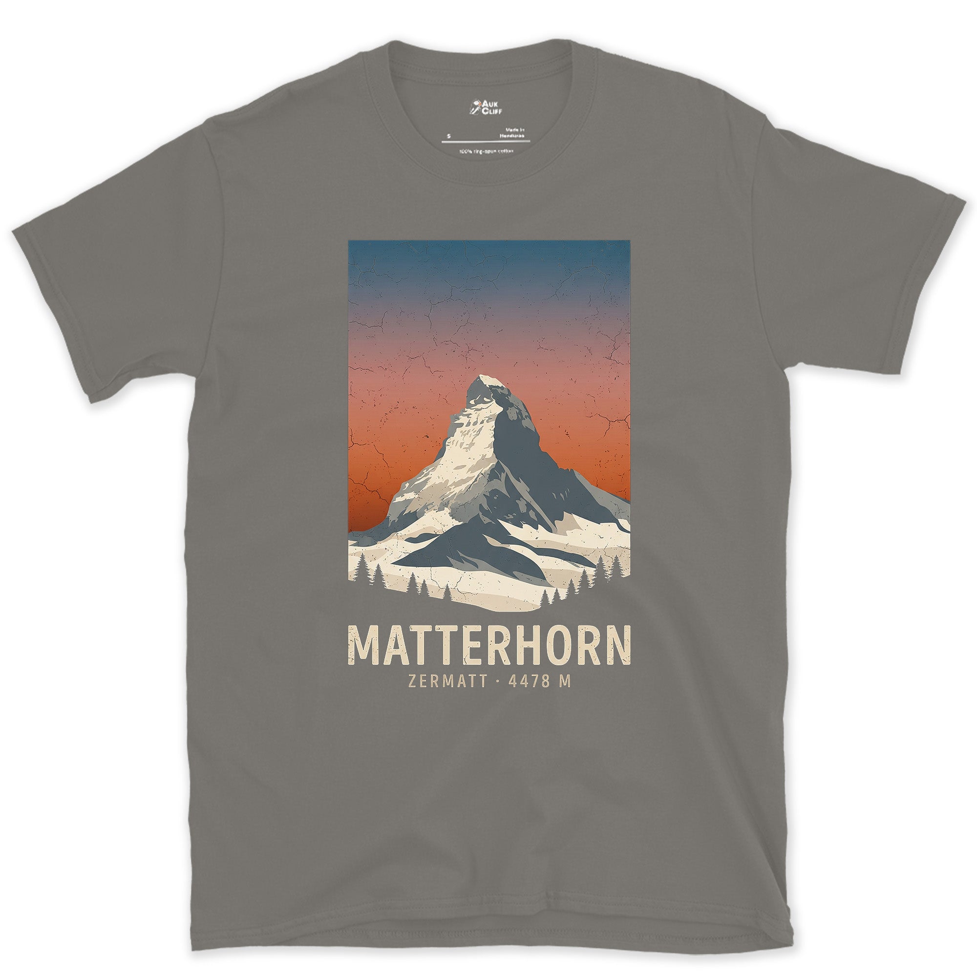 Matterhorn Rises 4478 Metres Above Zermatt design on a Charcoal Gildan Softstyle t-shirt