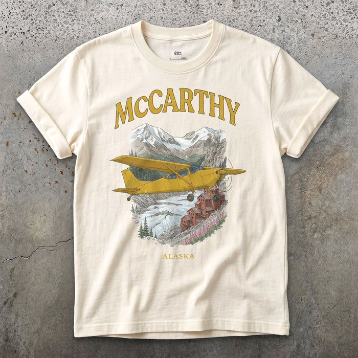 McCarthy Bush Plane design on a Natural Gildan Softstyle t-shirt