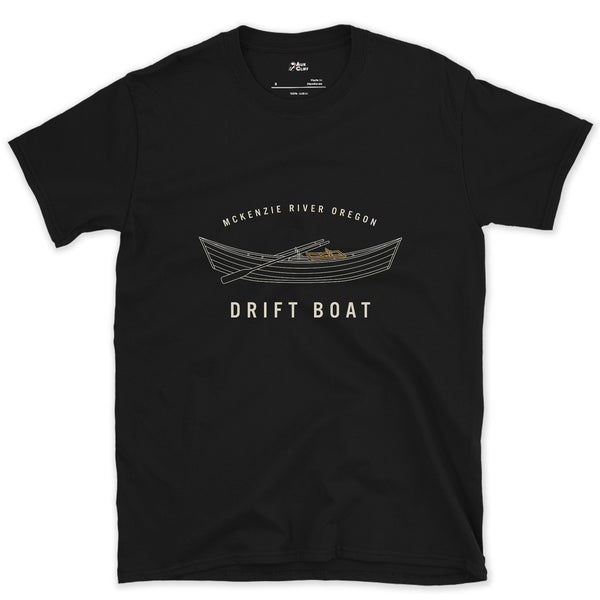 McKenzie River's Drift Boat Badge design on a Black Gildan Softstyle t-shirt
