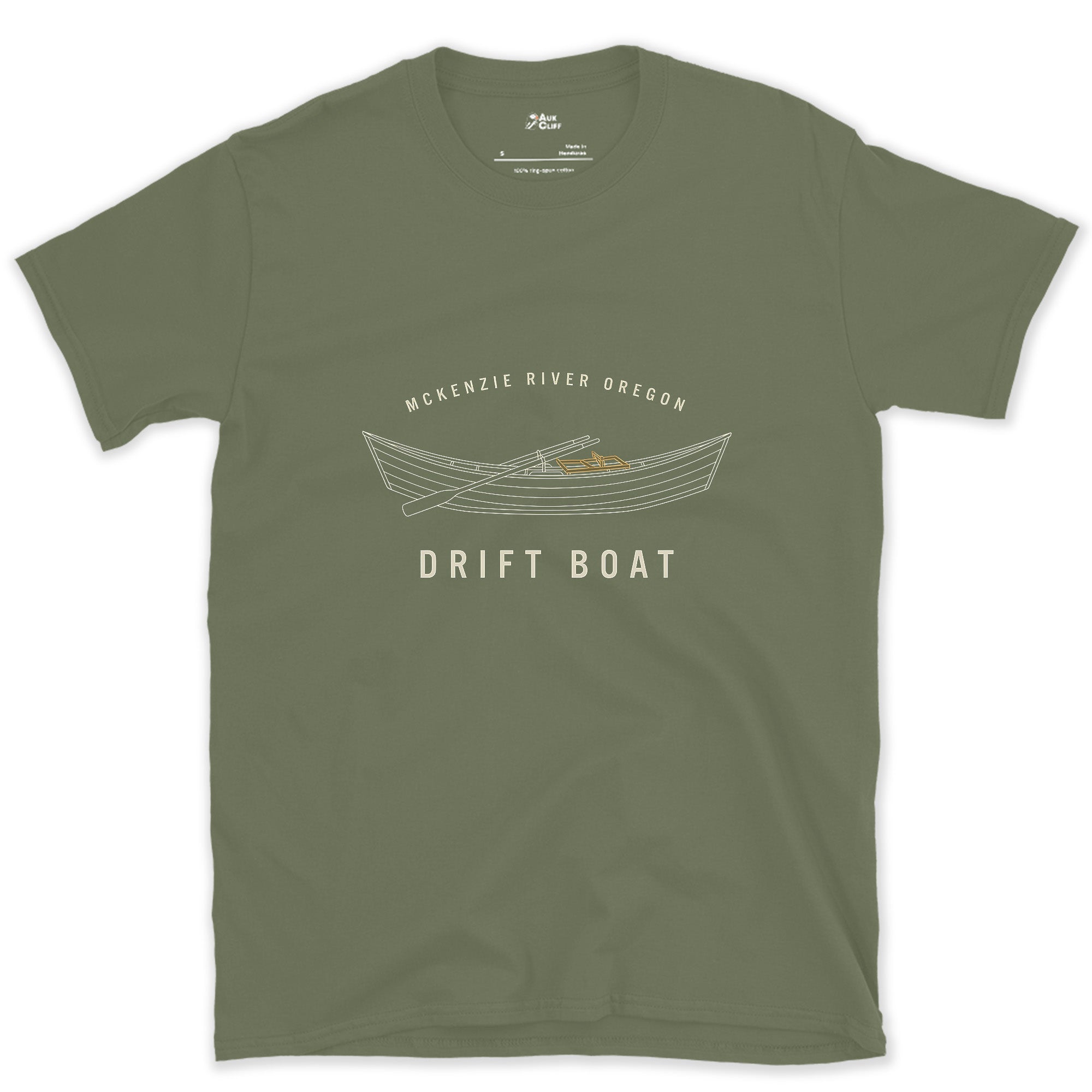 McKenzie River's Drift Boat Badge design on a Military Green Gildan Softstyle t-shirt