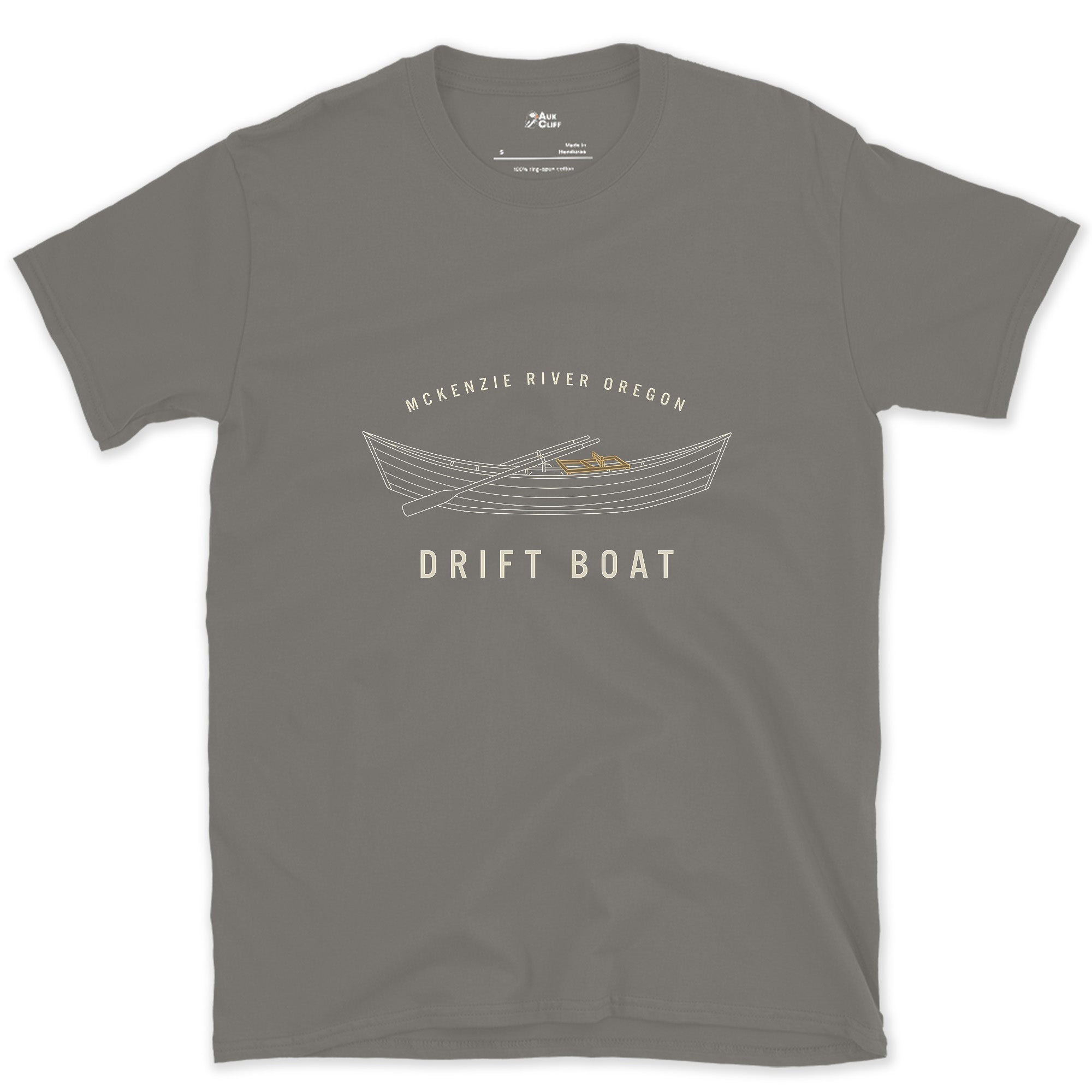 McKenzie River's Drift Boat Badge design on a Charcoal Gildan Softstyle t-shirt