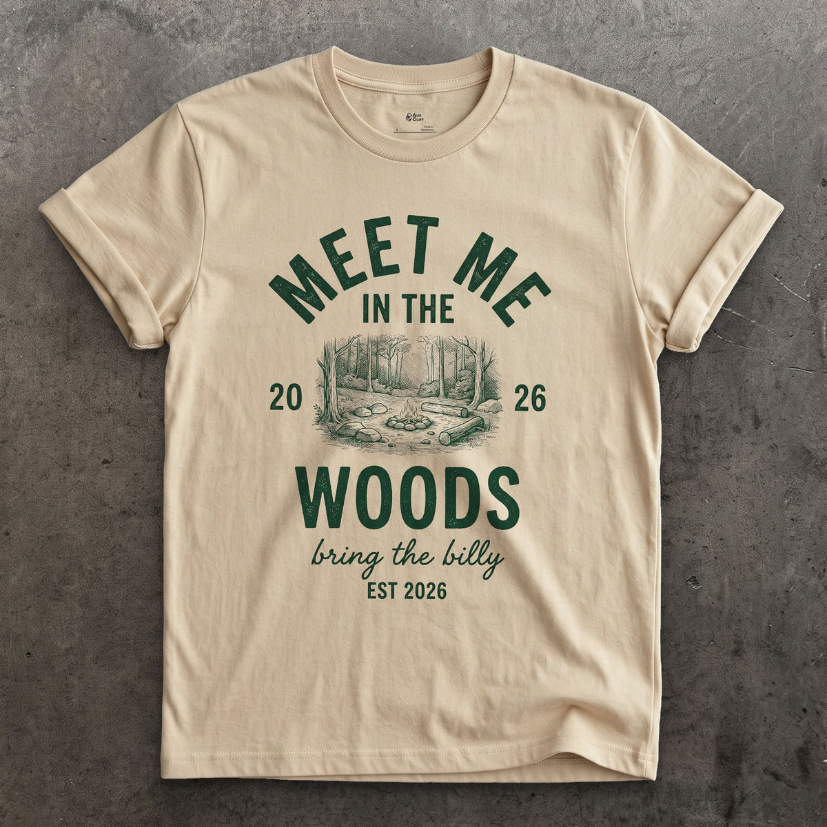 Meet Me in the Woods, Bring the Billy design on a Sand Gildan Softstyle t-shirt